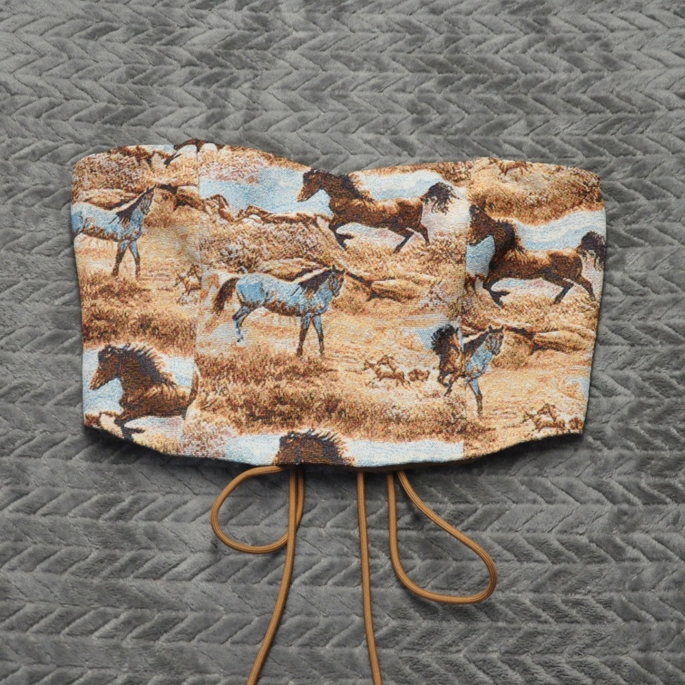 Blue B. Collection Tapestry Tube Top M Brown Horse Print Lace Up Corset (1772)